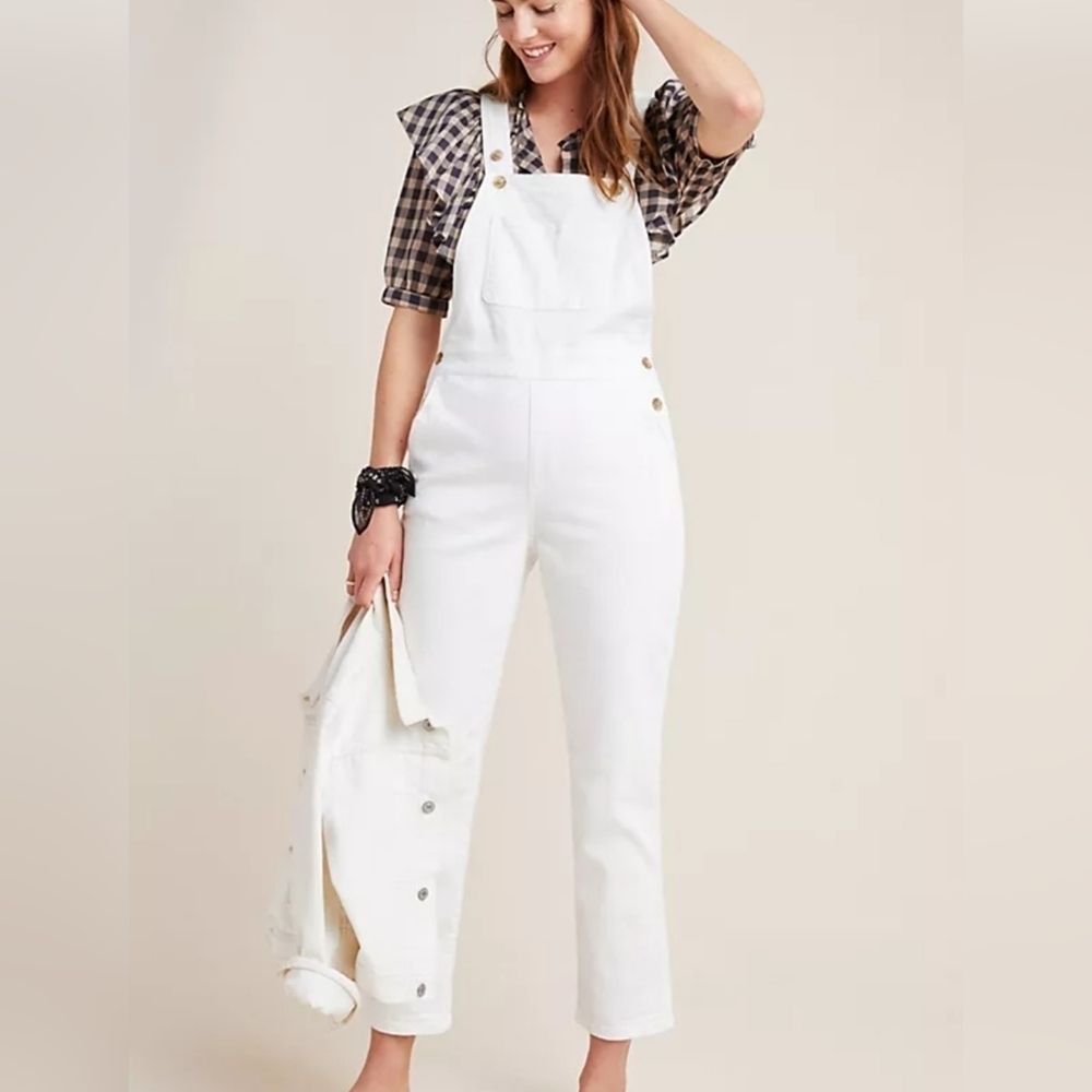 Pilcro and the Letterpress By Anthropologie Off White Jeans Overalls Size 26 - Picture 2 of 11